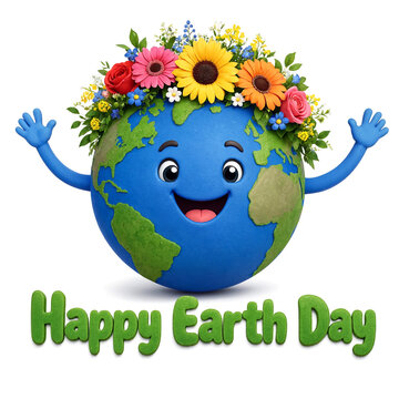 Cute smiling earth character with flower crown and arms celebrating happy earth day ecofriendly concept