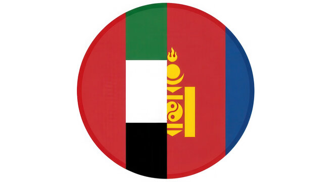 Circular icon with United Arab Emirates and Mongolia national flags isolated on transparent background