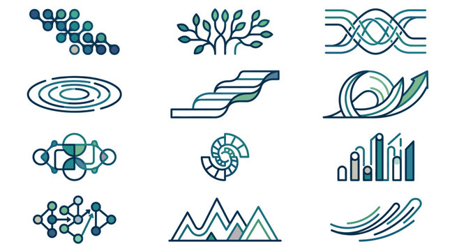 Dynamic Modern Minimalist Abstract Icons Set in Blue Green Gradient for Digital and Scientific Presentations