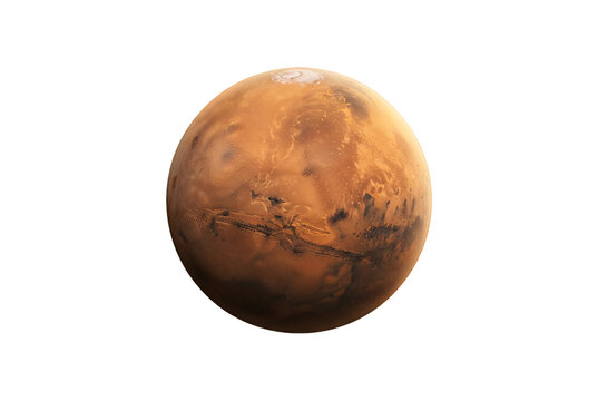 Detailed view of planet Mars displaying red dusty surface, polar ice cap, impact craters, and Valles Marineris canyon.