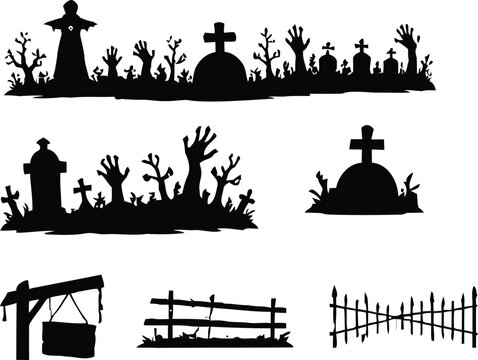 Spooky halloween graveyard border zombie hands tombstones and fences silhouette.