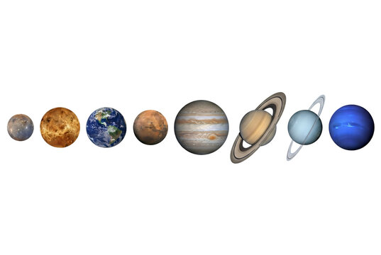 Complete solar system planets lined up in orbital sequence including Mercury, Venus, Earth, Mars, Jupiter, Saturn, Uranus, and Neptune.