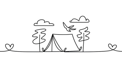 minimalist continuous one line camping tent in nature landscape with trees and clouds outline vector style travel and outdoor illustration © Mushtaq