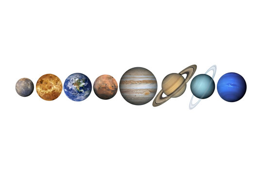 Linear arrangement of solar system planets in scientific order displaying accurate colors, atmospheric bands, and planetary rings.