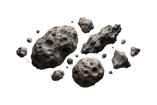 Group of rocky space asteroids and meteorites floating together with realistic surface details, crater textures, and cosmic debris features.