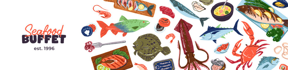 Advertising banner of seafood restaurant. Promotion of sea food buffet. Design with fresh ocean fish, squids, tuna, crabs and salmon. Layout with gourmet marine products. Flat vector illustration © Paper Trident