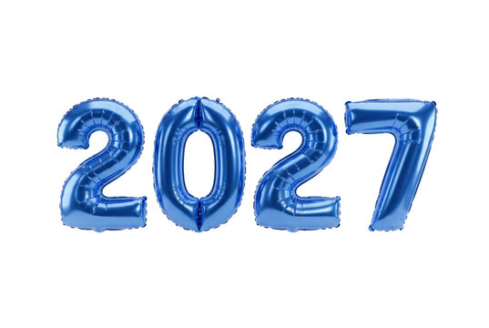 Blue metallic foil balloons forming the number 2027 for new year celebrations and special events.