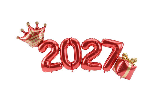 Festive red foil balloons spelling 2027 adorned with a royal gold crown and wrapped gift box.