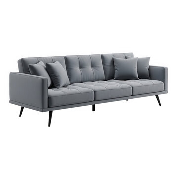 Modern grey fabric sofa with cushions on slim black metal legs isolated on transparent background