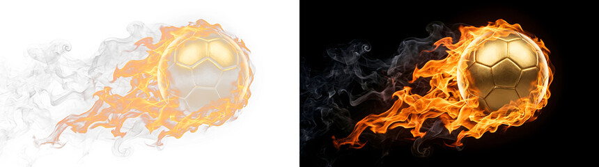 Fototapeta premium Fiery soccer ball flying with intense flames isolated on black and white football competition isolated movement velocity illustrative sportsman