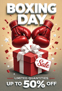 Exciting boxing day sale advertisement with gift box and boxing gloves promotion offer