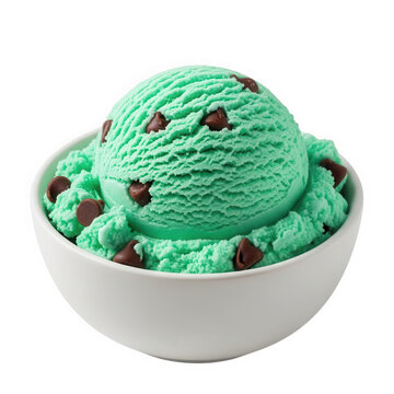 A single scoop of mint chocolate chip ice cream in a small bowl isolated on transparent background