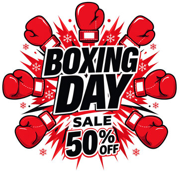 Explosive boxing day sale advertisement with red gloves and fifty percent off discount offer