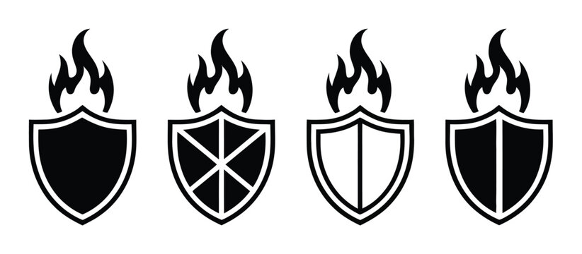 Conjunto de cuatro escudos en blanco y negro con llamas