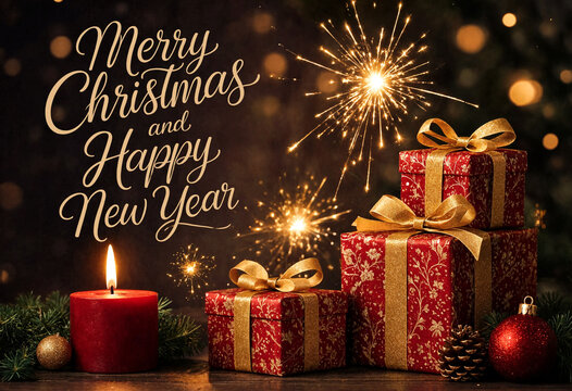 Festive christmas and new year celebration with gifts sparklers and candle decoration display