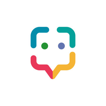 Colorful communication logo formed by rounded corner brackets and a speech-bubble point, symbolizing conversation, connection, community, and digital support.