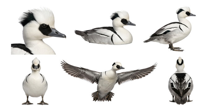 smew (mergellus albellus) in six studio poses on a white background
