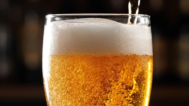 Cold beer poured into a frothy glass, close-up shot, bar background