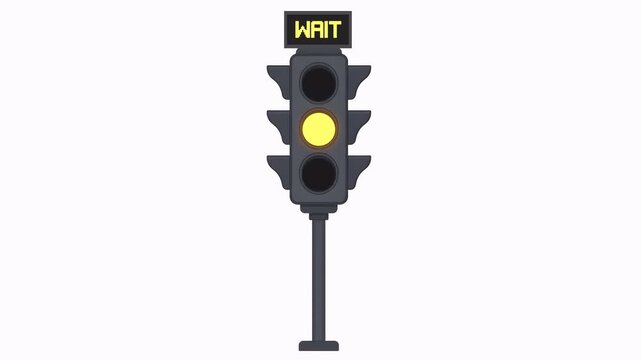 Traffic light changing colors with stop wait go text display loop animation, Urban road safety traffic signal post with colorful red yellow green neon word display।