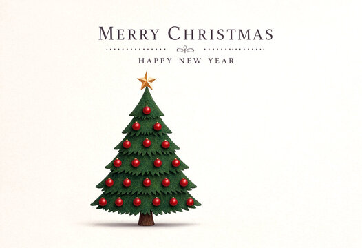 Festive christmas tree with red ornaments and golden star for holiday greeting card design