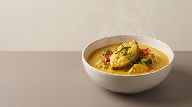 Minimalist Indonesian patin fish curry image with copy space for advertising, restaurant branding, packaging, culinary promotions, and editorial projects.