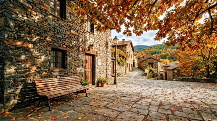 Obraz premium Rustic Stone Village Street With Autumn Bench and Cobblestone Pathway