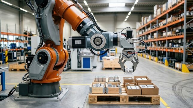 Articulated robot arm with servo motor, gear reducer, end effector, and palletized components in a warehouse aisle for industrial automation.
