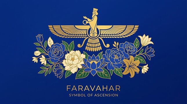 Faravahar symbol above blooming flowers, minimal text, royal gold and blue flat vector design