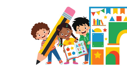 Diverse group of children with giant pencil and book learning in a colorful preschool classroom cartoon