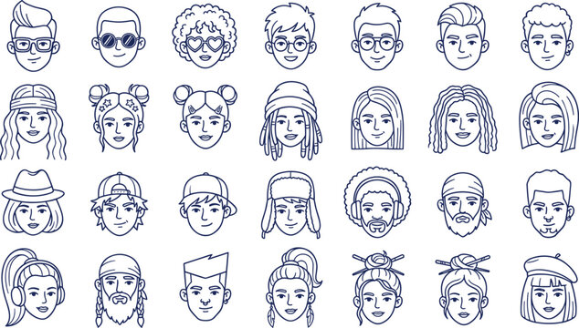 Diverse People Avatars and Human Faces Line Art Vector Icon Set Featuring Various Men and Women Characters with Creative Hairstyles and Hats