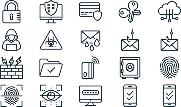 Cybersecurity and Network Data Protection Line Art Vector Icon Set Featuring Hacker Phishing Biohazard Firewall Biometric Scanning and Security System Symbols