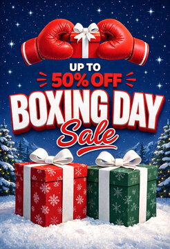 Festive holiday boxing day sale advertisement with gift boxes and discount offer details displayed creatively