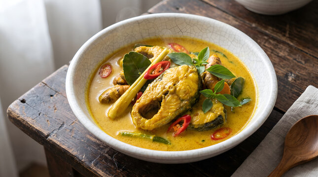 Authentic Indonesian patin fish curry served with aromatic coconut sauce, ideal for restaurant menus, culinary tourism, food advertising, and cultural marketing materials.