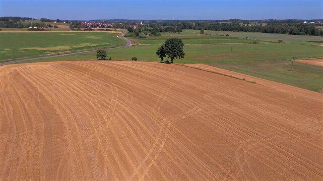Abgeerntetes Getreidefeld, Stoppelfeld, Sommer, Trockenheit, Klimawandel, Luftaufname, Drohnenaufnahme, Landschaft, Bayern, Deutschland