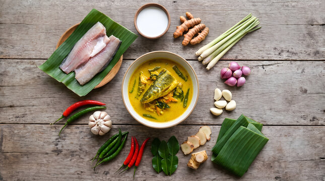 Traditional Indonesian patin fish curry with fresh herbs and spices arranged for cookbook, food blog, culinary education, restaurant, and advertising use.