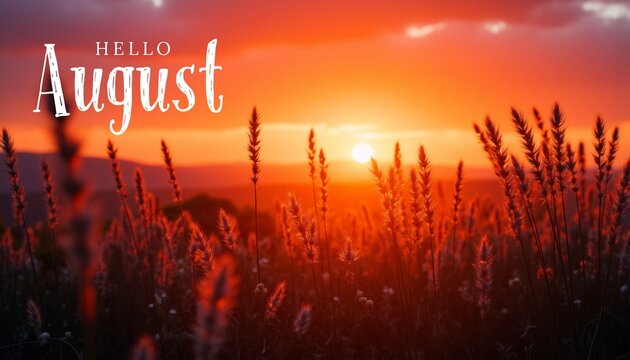 Hello August &mdash; glowing sunset over a field of wheat, warm orange sky and soft light. Late summer. Seasonal greetings, calendars, postcard.