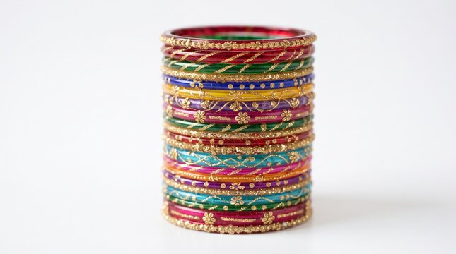 Stack of vibrant multicolored glass bangles for fashion accessories. Colorful wrist jewelry collection in rainbow hues for ethnic and boho styling.