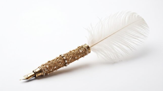 Elegant Islamic wedding pen signing ceremony. Nikah contract gold ink ornate feather quill for official documents and