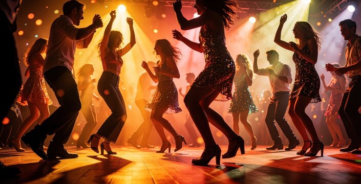 Diverse group of young people dance at night disco club party. Friends enjoy music move bodies under bright stage lights. Stylish men women celebrate together on wooden floor. Crowd festive mood