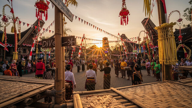 Traditional Toraja Festival at Sunset in Indonesian Village