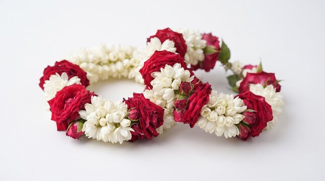Handmade Pakistani floral gajra bracelet for bridal accessories. Traditional red and white jasmine garland wristlet for weddings and festivals.