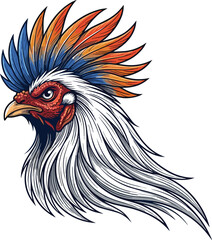 Colorful rooster head mascot illustration with spiky blue and orange feather crest isolated on plain white background for sports logo design © Subrata