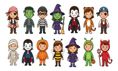 Cute set of happy children wearing Halloween costumes including pirate witch vampire mummy devil monster pumpkin and bee vector illustration