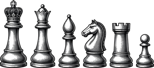 Vintage Chess Pieces Vector Set with Detailed Hand Drawn Woodcut Hatching Texture Featuring King Queen Bishop Knight Rook and Pawn Icons © MARKNIS