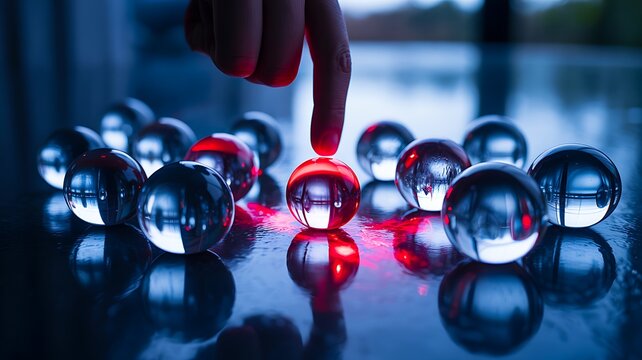 Hand selecting red glowing sphere among group representing leadership choice and decision concept