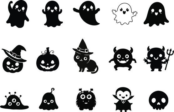 Cute Halloween characters ghost pumpkin cat monster vampire and alien.