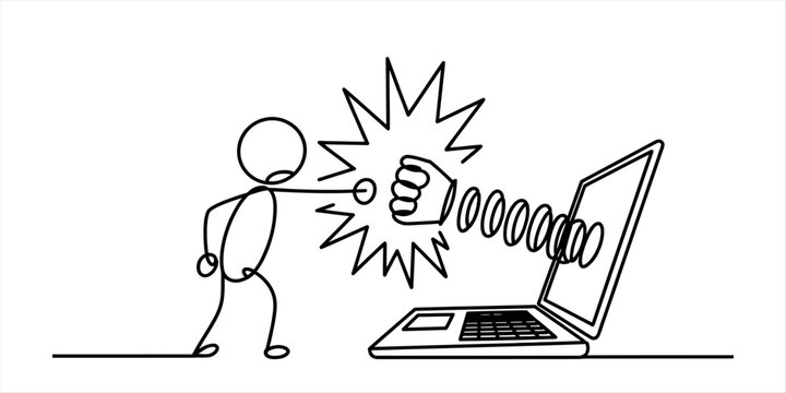 Stick figure person getting hit by a boxing glove punching out from a computer laptop screen representing digital violence and online cyber bullying