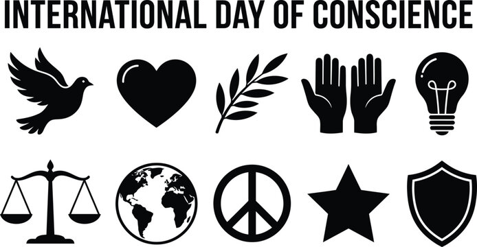 A collection of black silhouette icons representing the international day of conscience featuring symbols of peace justice unity love and global awareness on white background