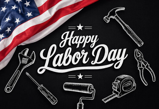 Happy labor day celebration with tools and american flag creative design illustration