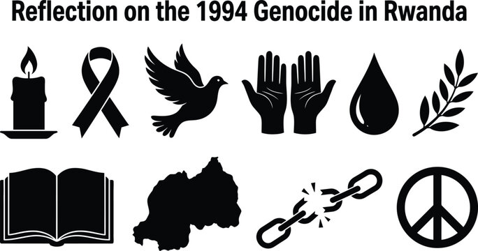 A collection of black silhouette icons representing reflection on the 1994 genocide in rwanda featuring symbols of peace mourning hope freedom and human rights